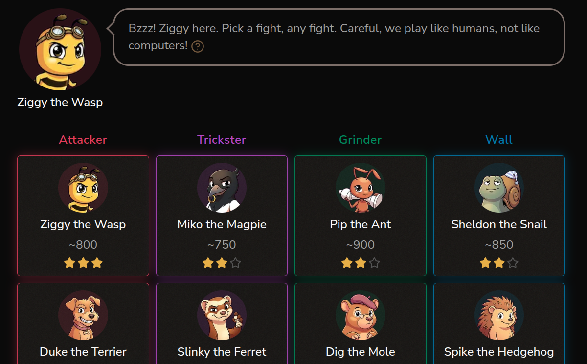 Bots page showing four playing-style columns (Attacker, Trickster, Grinder, Wall) with named animal opponents, approximate ratings, and difficulty stars
