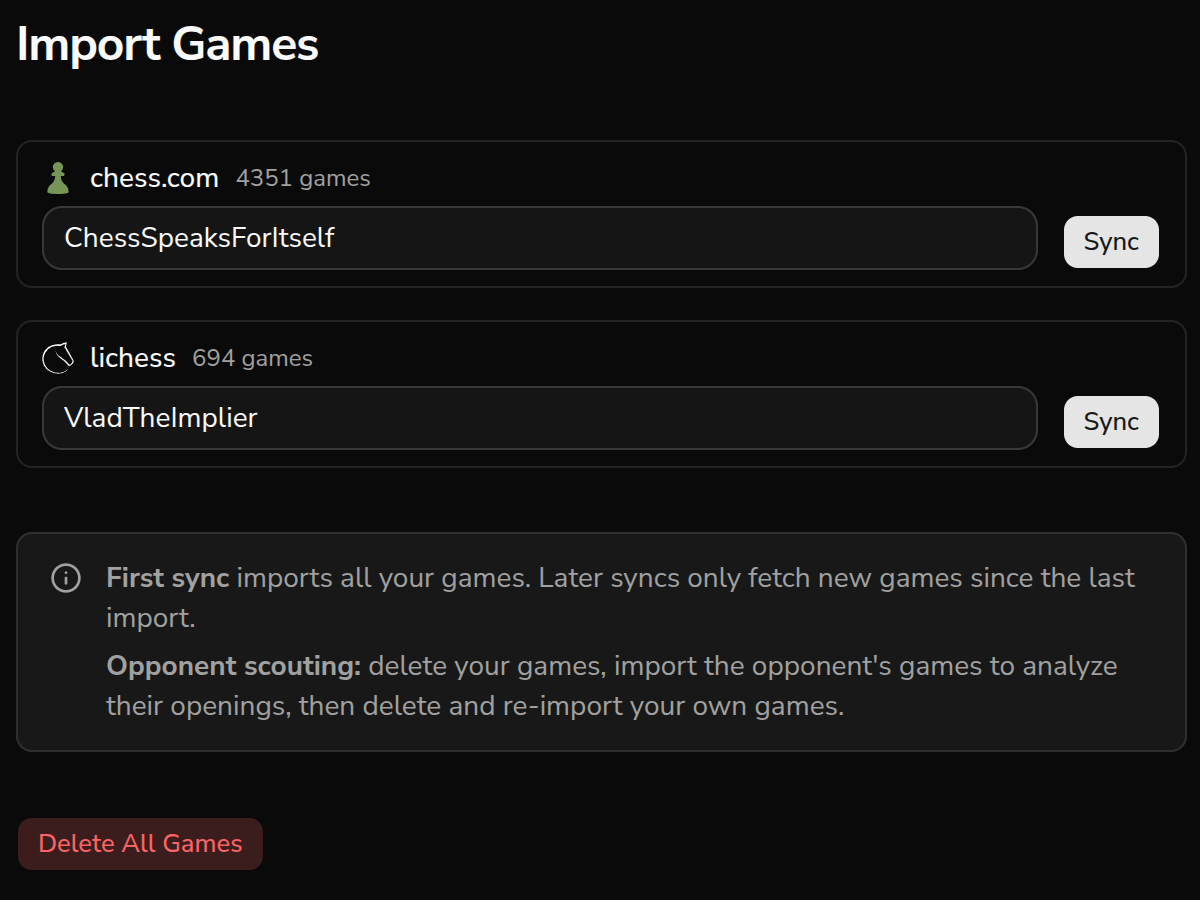 Import page with chess.com and lichess plus filter controls